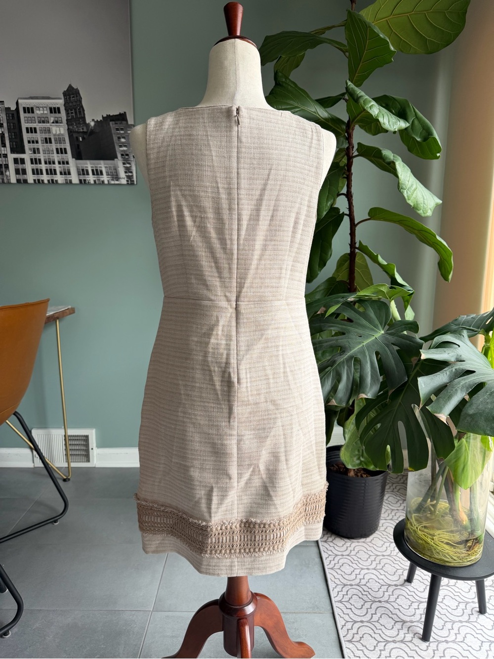 WHBM Neutral Linen Blend Tan Sheath Dress with fringe crochet lace details 4 - Picture 10 of 15